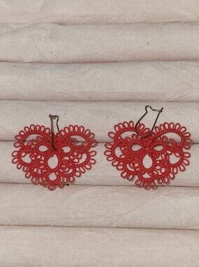 Red Tatting Lace Heart Earrings Handmade Vintage Style Romantic Lightweight